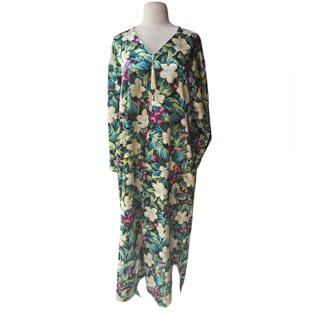 1970s/1980s Christian Dior‎ Floral Front Half Tassel Zip Poly Caftan